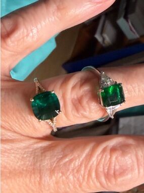 Two beautiful simulated Emerald Green rings - square cut and cushion cut